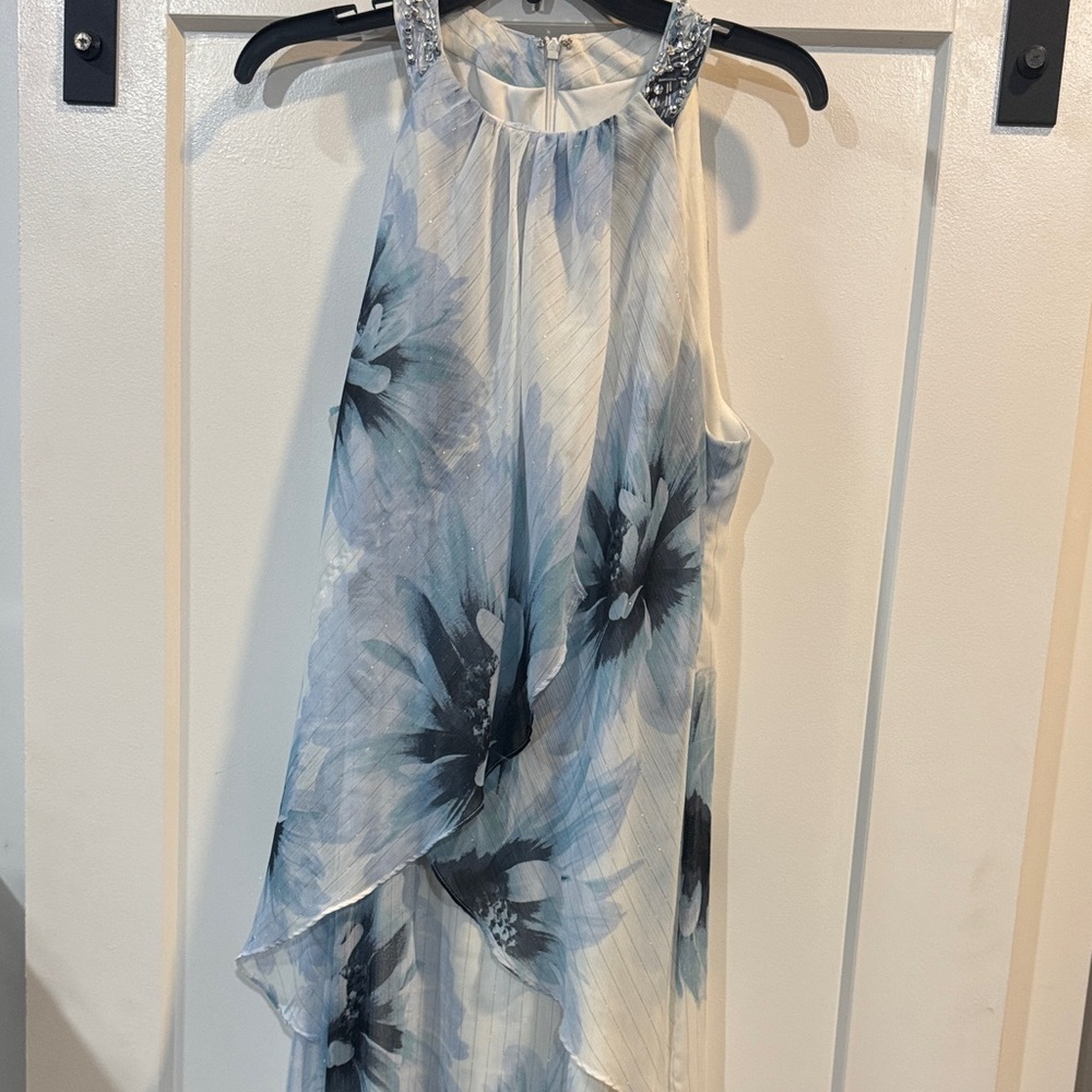 SLNY Fashions Blue and White Embellished Dress